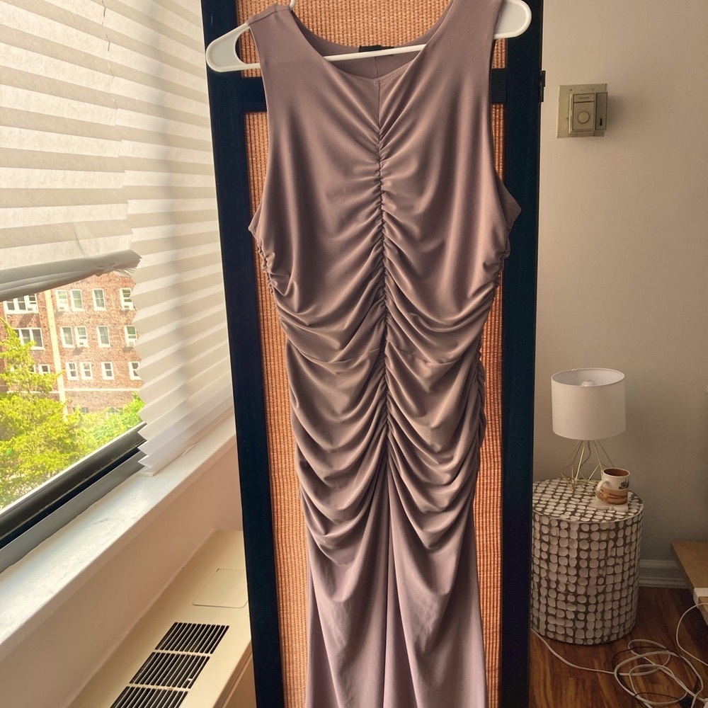 Midi Taupe mesh summer dress w/ ruching